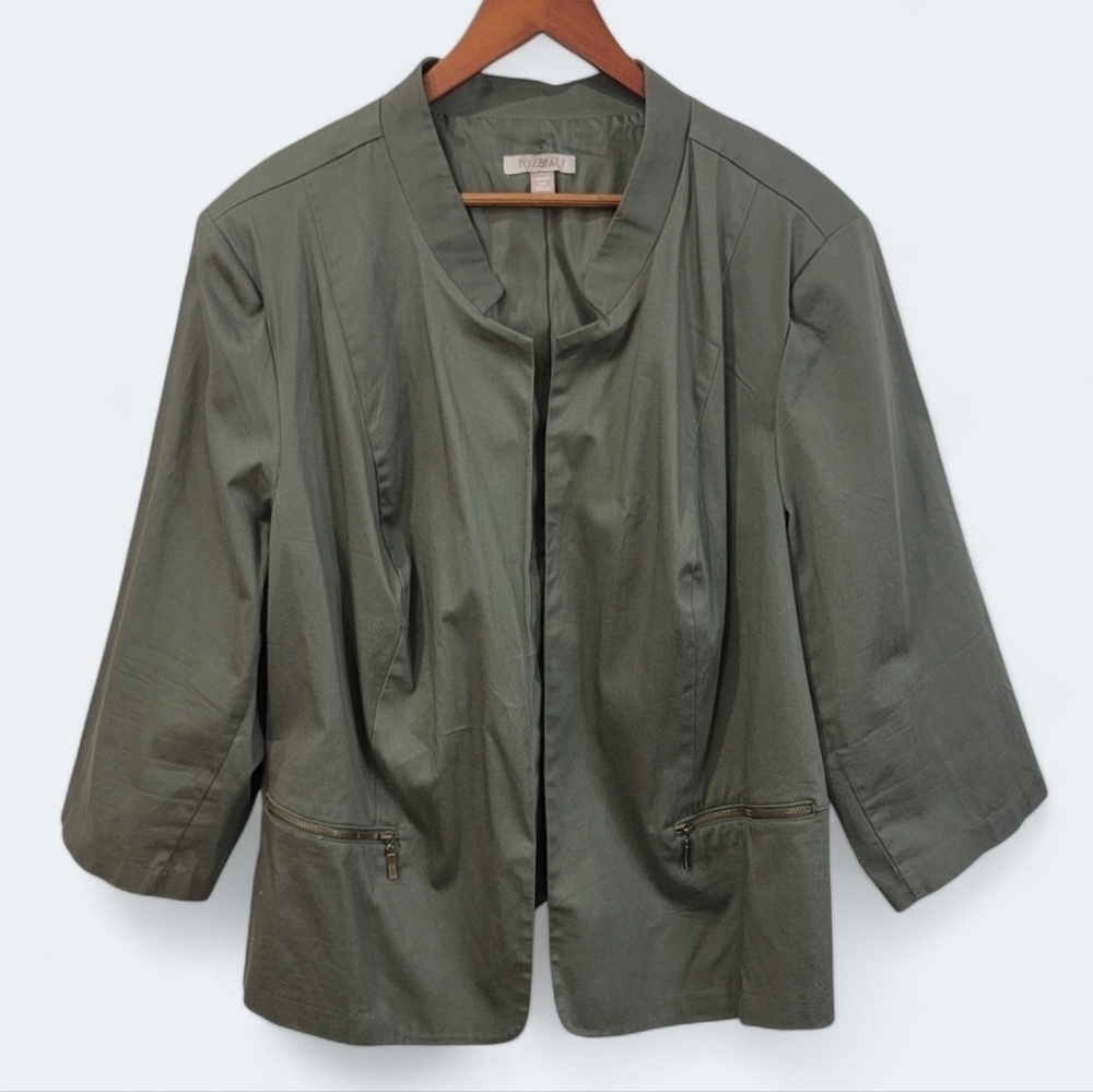 Roz & Ali Green Jacket Blazer Open Front Zipper pockets Size 3X